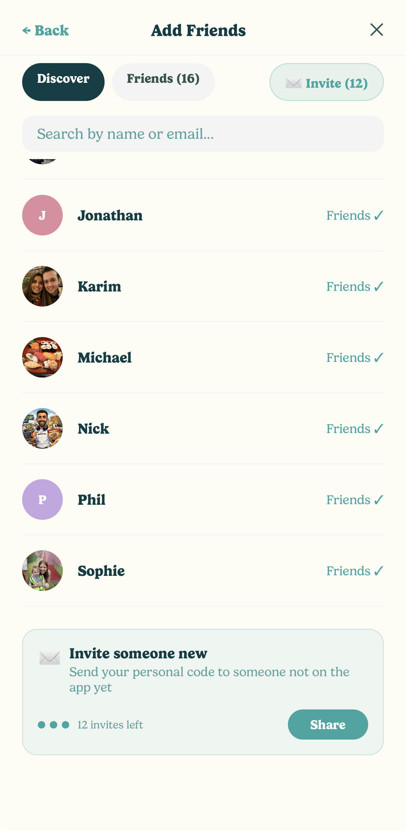 Add Friends screen with invite system