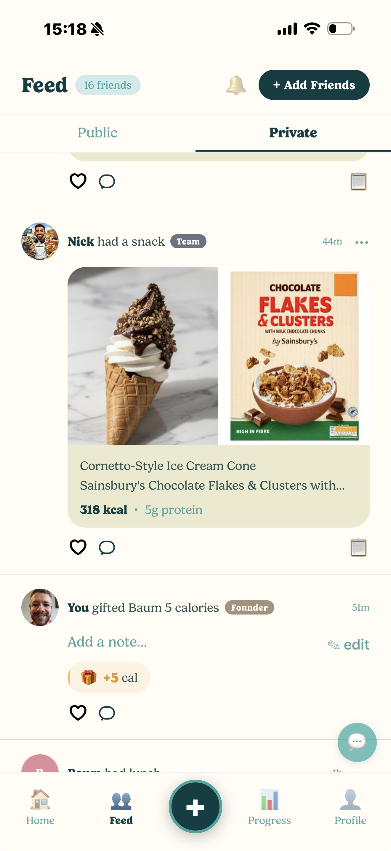 Calorie gifting interaction in the feed