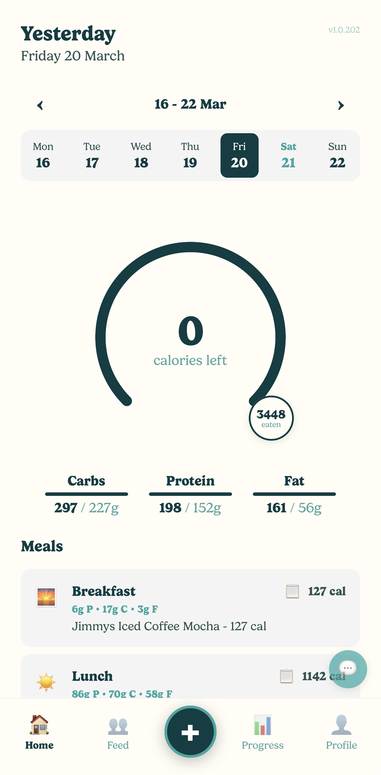 Balance app home screen showing daily calorie tracking, macros, and meals
